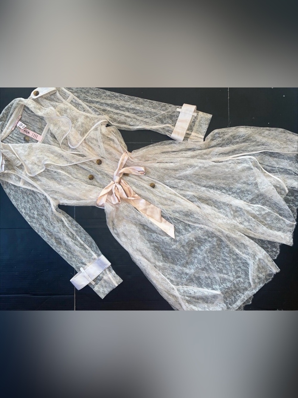 Victoria's Secret Blush Sheer Lace Trench Robe with Satin Tie